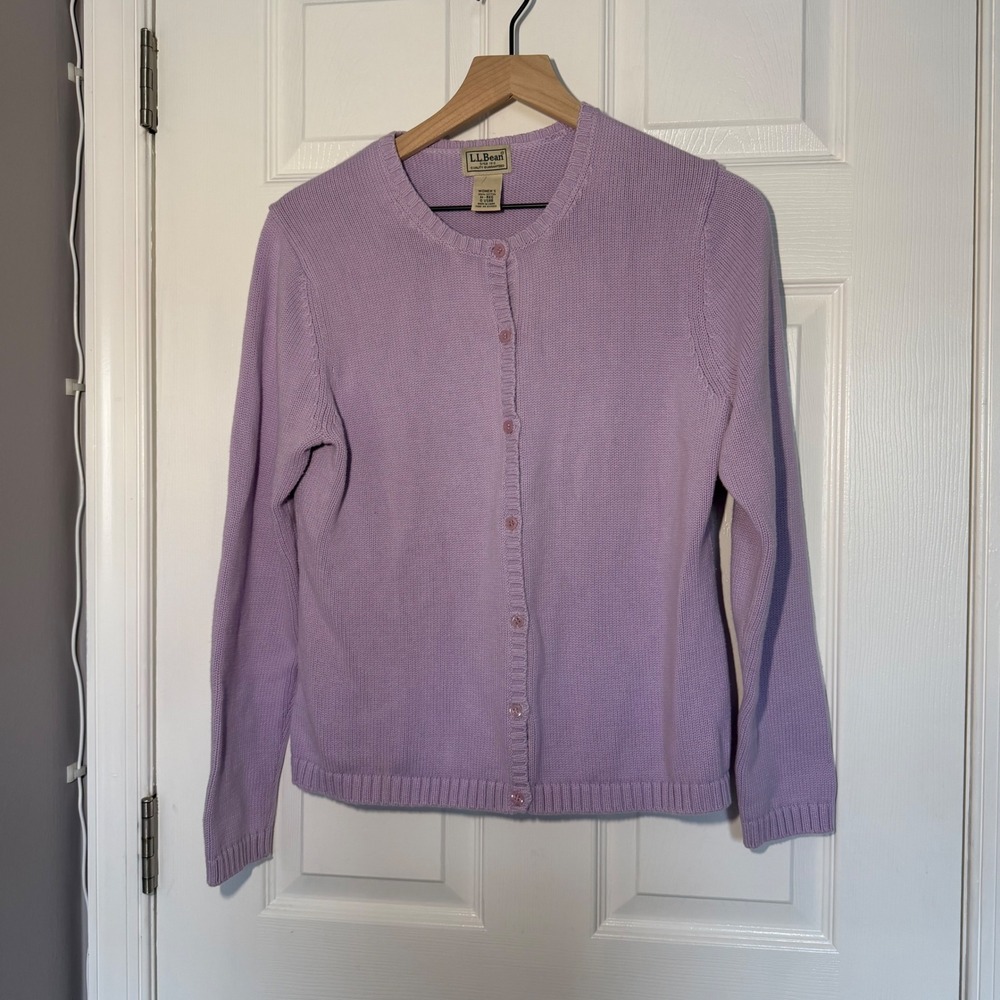 LL Bean Lavender Purple Cotton Shaker Stitch Button Front Cardigan Sweater M
